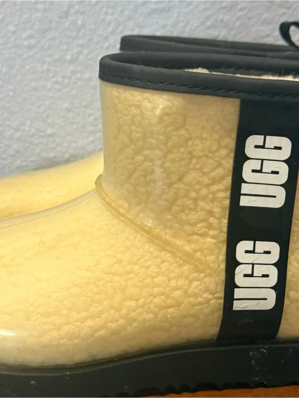 UGG Cream Shearling Short Rain Boot with Black Trim